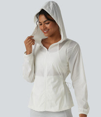 Hooded Drawstring Contrast Mesh Workout Jacket with Pockets