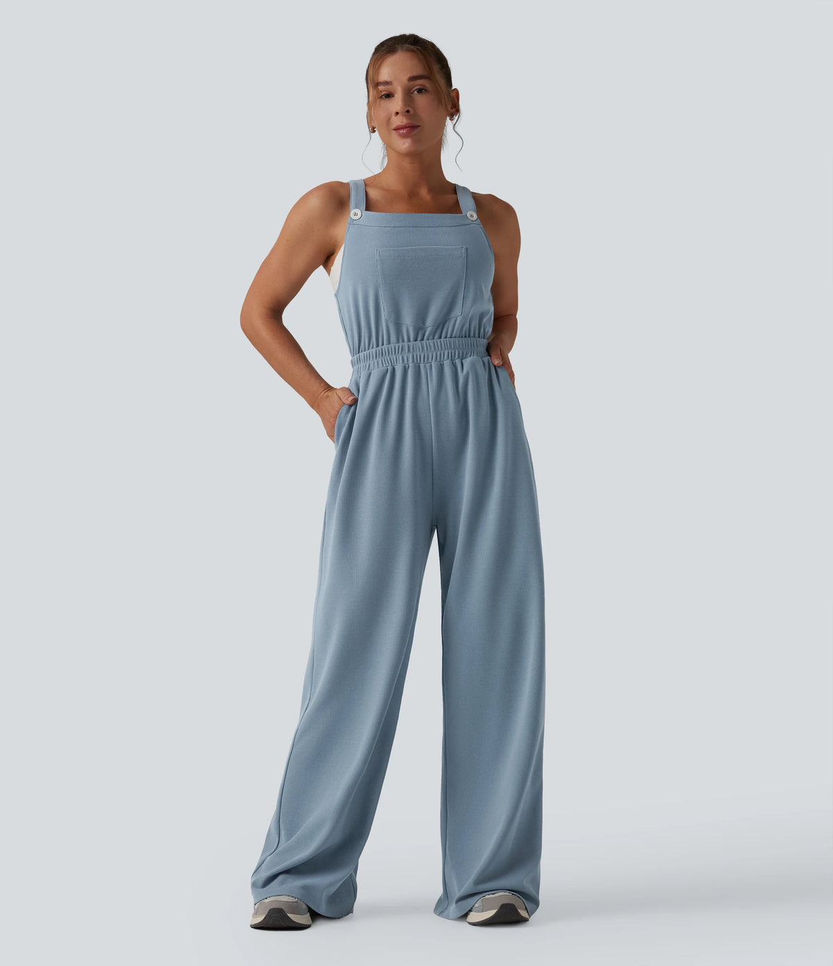 Wide Leg Waffle Casual Overalls with Pockets