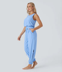 Sleeveless Cut Out Drawstring Pocket InstantCool Yoga Jumpsuit-UPF50+
