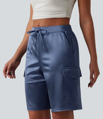 Mid Rise Drawstring Satin Casual Cargo Bermuda Shorts 9'' with Pockets