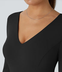 V Neck Long Sleeve Pocket Wide Leg Casual Jumpsuit