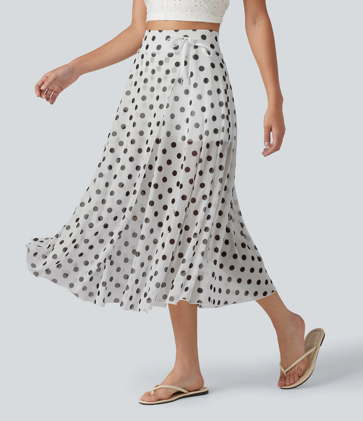 High-waisted Drawstring  Polka Dot Mesh 2-in-1 Midi Flowy Flare Resort Skirt with Pockets