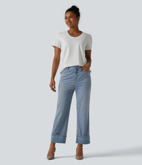 Halara Flex™ High Waisted Straight Leg Washed Casual Cuffed Jeans with Pockets