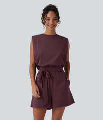 Round Neck Sleeveless Tie-front Cool Touch Casual Romper with Pockets-Easy Peezy-UPF50+