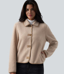 Collar Long Sleeve Casual Sherpa Jacket with Pockets
