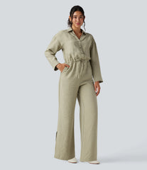 Long Sleeve Drawstring Wide Leg Work Jumpsuit with Pockets