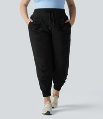 Plus Size High Waisted Drawstring Ruched Tapered Quick Dry InstantCool Dance Joggers with Pockets-UPF40+