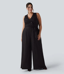 V Neck Sleeveless Belted Stripe InstantCool Work Plus Size Jumpsuit with Pockets-Easy Peezy