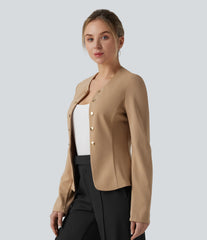 Round Neck Decorative Button Pleated Hem Work Blazer