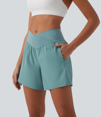 Breezeful™ High Waisted Crossover 2-in-1 Quick Dry Yoga Shorts 5'' with Pockets