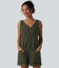 Adjustable Straps Rolled Hem Leopard Print Casual Short Overall with Pockets