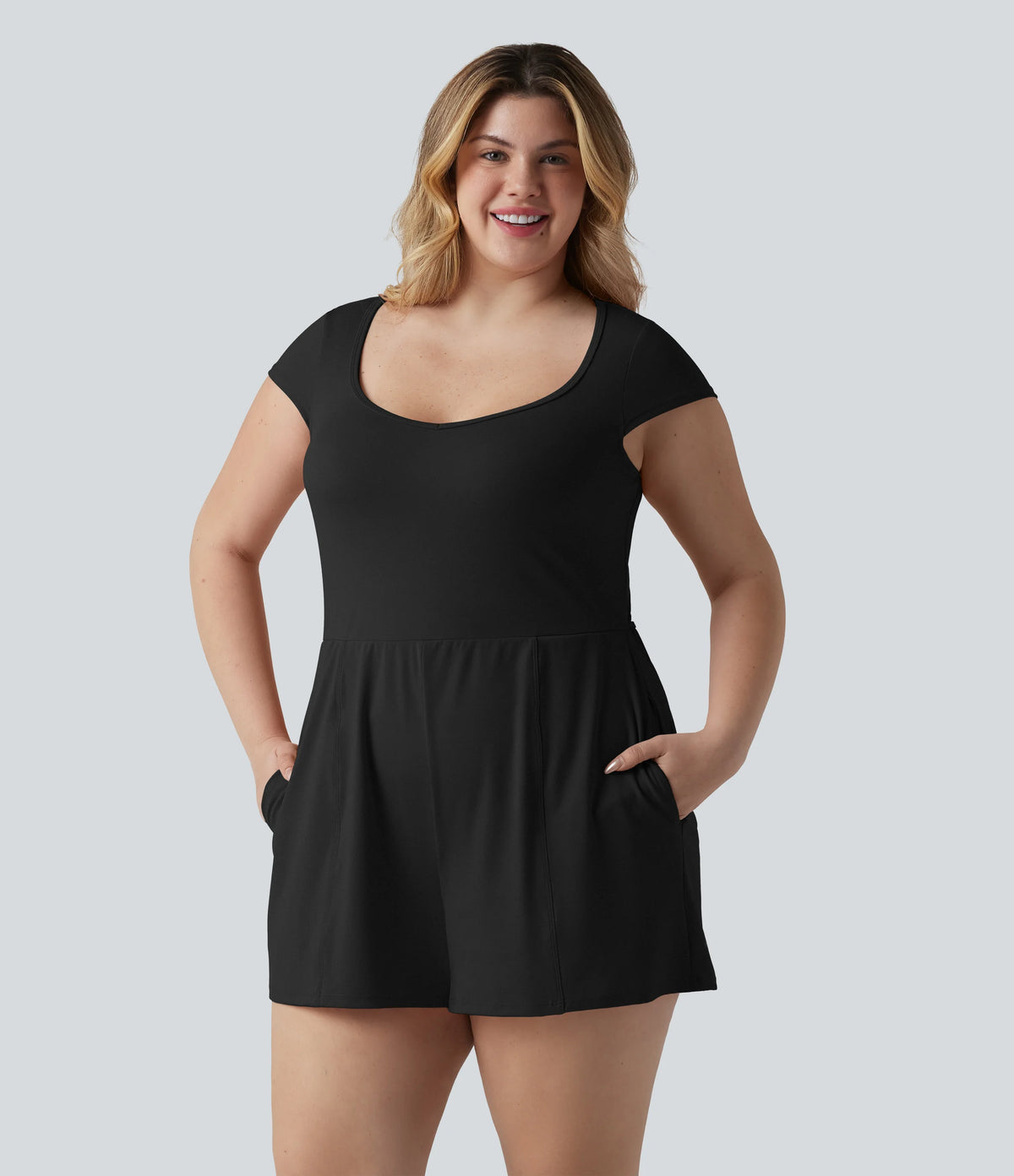 Plus Size SoftlyZero™ Airy U Neck Cap Sleeve InstantCool Yoga Romper with Pockets-Easy Peezy Edition