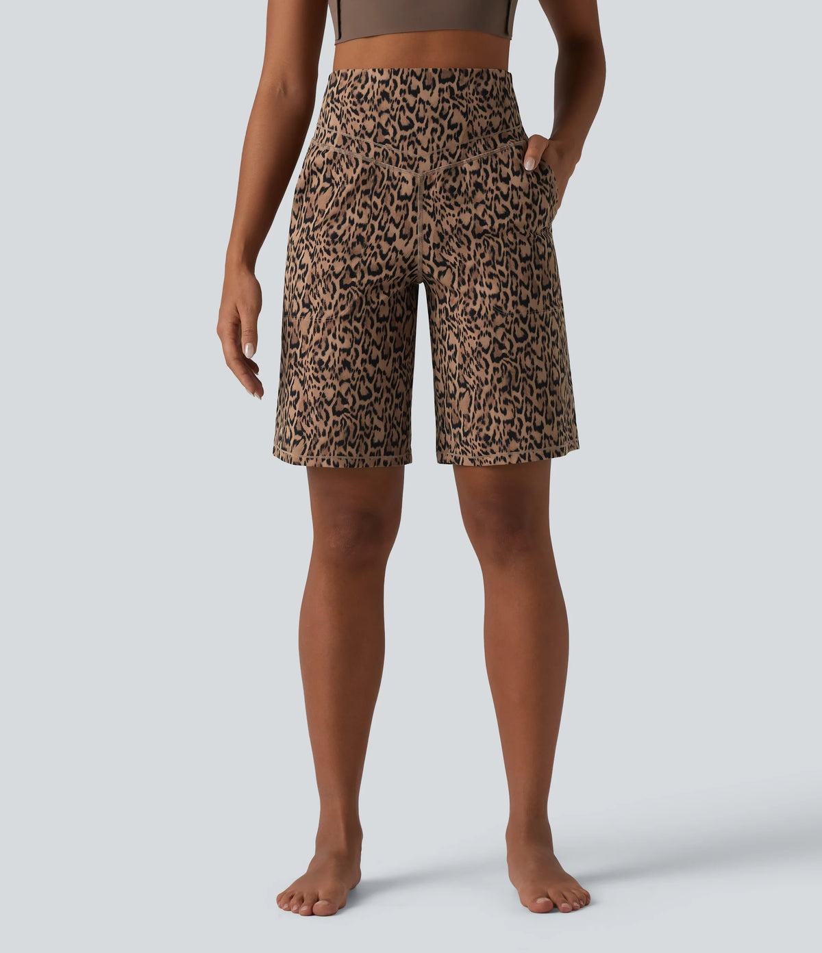 Halara UltraSculpt™ Leopard Print High Waisted Tummy Control Straight Leg Yoga Bermuda Shorts 10'' with Pockets