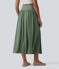 Ribbed Knit High Waisted Tummy Control Flowy Midi Casual Linen-Blend Skirt