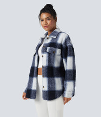 Collar Long Sleeve Curved Hem Casual Shacket Sherpa Jacket with Pockets