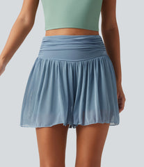 High Waisted Ruched Tummy Control Contrast Mesh 2-in-1 Casual Shorts 3" with Pockets