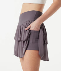 Crossover High-waisted 2-in-1 Tiered Mesh Mini Tennis Flowy Skirt with Pockets