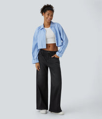 Halara Flex™ Low Rise Zipper Pockets Washed Baggy Wide Leg Casual Jeans