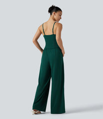 Wrap Split Hem Built-in Bra Casual Slip Baggy Jumpsuit with Pockets-Easy Peezy