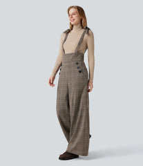 Tie Side Wide Leg Houndstooth Plaid Work Overalls with Pockets