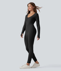 Halara HeatCore V-neck Long Sleeve Thumb Holes Skinny Casual Warming Jumpsuit-Easy Peezy