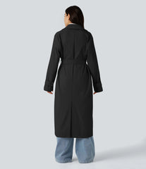 Removable Hood Notched Collar Long Sleeve Belted Longline Casual Anorak Jacket with Pockets