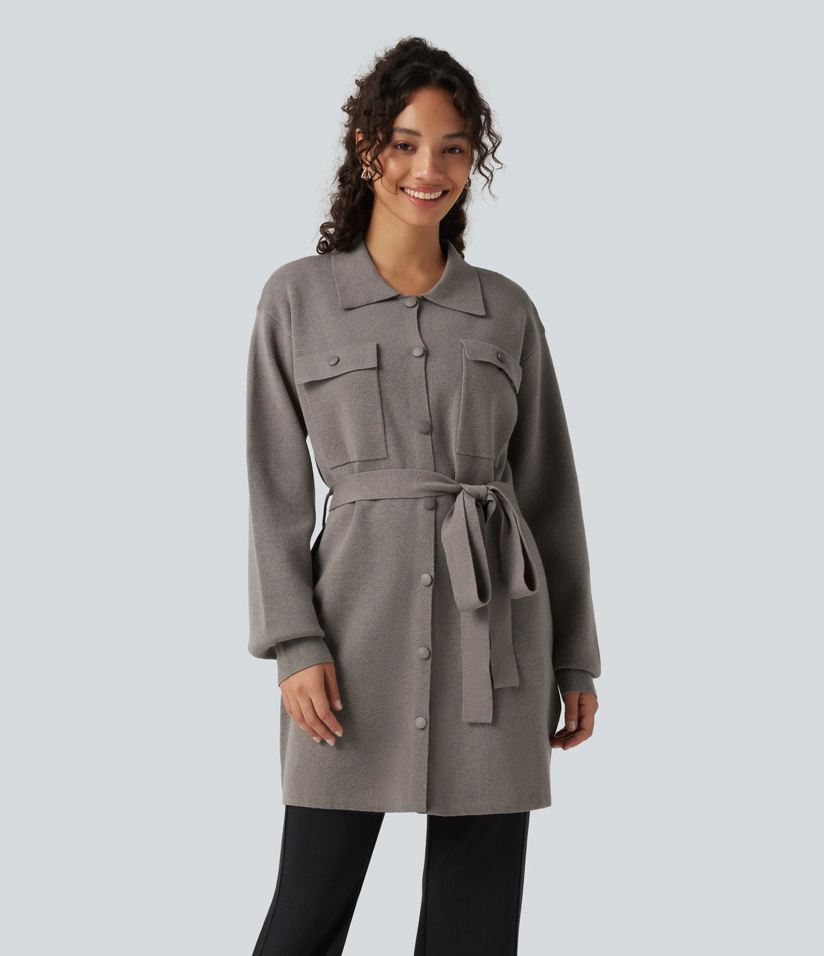 Long Sleeve Belted Longline Casual Jacket with Pockets