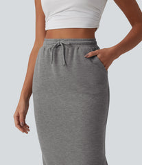 High Waisted Drawstring Midi Casual Pencil Skirt with Pockets