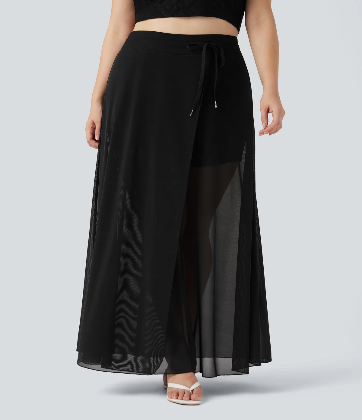 Plus Size High Waisted Drawstring Contrast Mesh 2-in-1 Flowy Maxi Skirt with Pockets