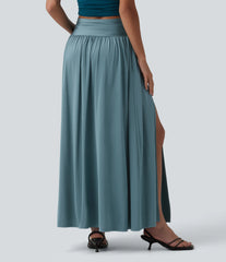 High Waisted Ruched Split 2-in-1 Maxi Stretchy Satin-Like InstantCool Party Flowy Skirt with Pockets