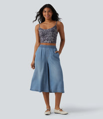 High Waisted Wide Leg Capri Casual Jeans with Pockets