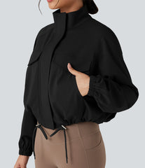 High-neck Long Sleeve Drawstring Hem Workout Jacket with Pockets