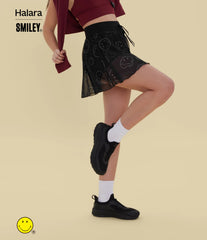 Halara X Smiley® High Waisted Drawstring Contrast Mesh 2-in-1 Flowy Mini Flare Dance Skirt with Pockets