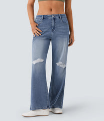 Halara Flex™ Mid Rise Ripped Washed Casual Baggy Jeans With Pockets