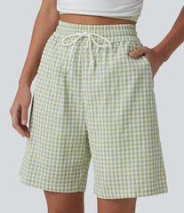 High Waisted Drawstring Gingham Plaid Resort Baggy Bermuda Shorts with Pockets
