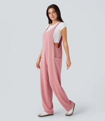 V Neck Pocket Waffle Casual Overalls
