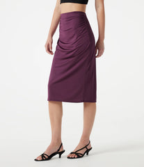 High Waisted Ruched Stretchy Satin-Like Cool Touch Midi Casual Pencil Skirt