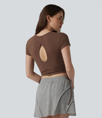 Halara Cotton Jersey Round Neck Drawstring Ruched Keyhole Back Casual T-Shirt