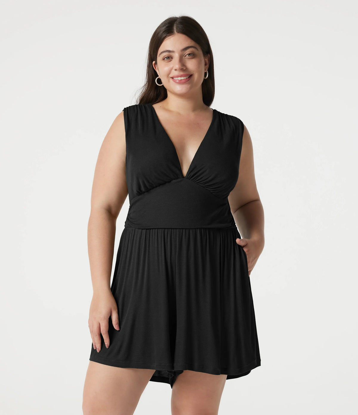Ribbed V-neck Sleeveless Ruched Built-in Bra Casual Plus Size Romper with Pockets-Easy Peezy