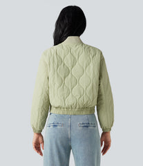 Stand Collar Long Sleeve Casual Bomber Quilted Jacket with Pockets
