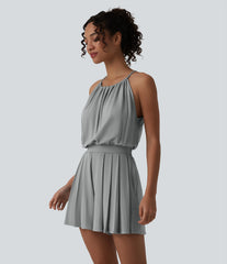 Halter Sleeveless Tie-back Pleated Casual Romper with Pockets-Easy Peezy