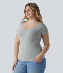 Halara Cotton Jersey Square Neck Short Sleeve Ultra-slim Heathered Casual Plus Size T-Shirt