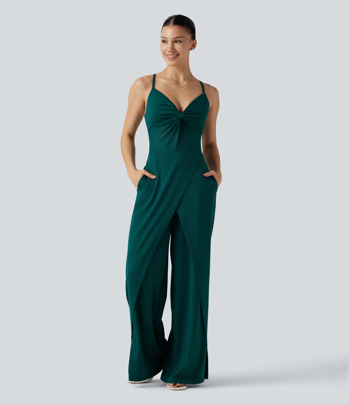 Wrap Split Hem Built-in Bra Casual Slip Baggy Jumpsuit with Pockets-Easy Peezy