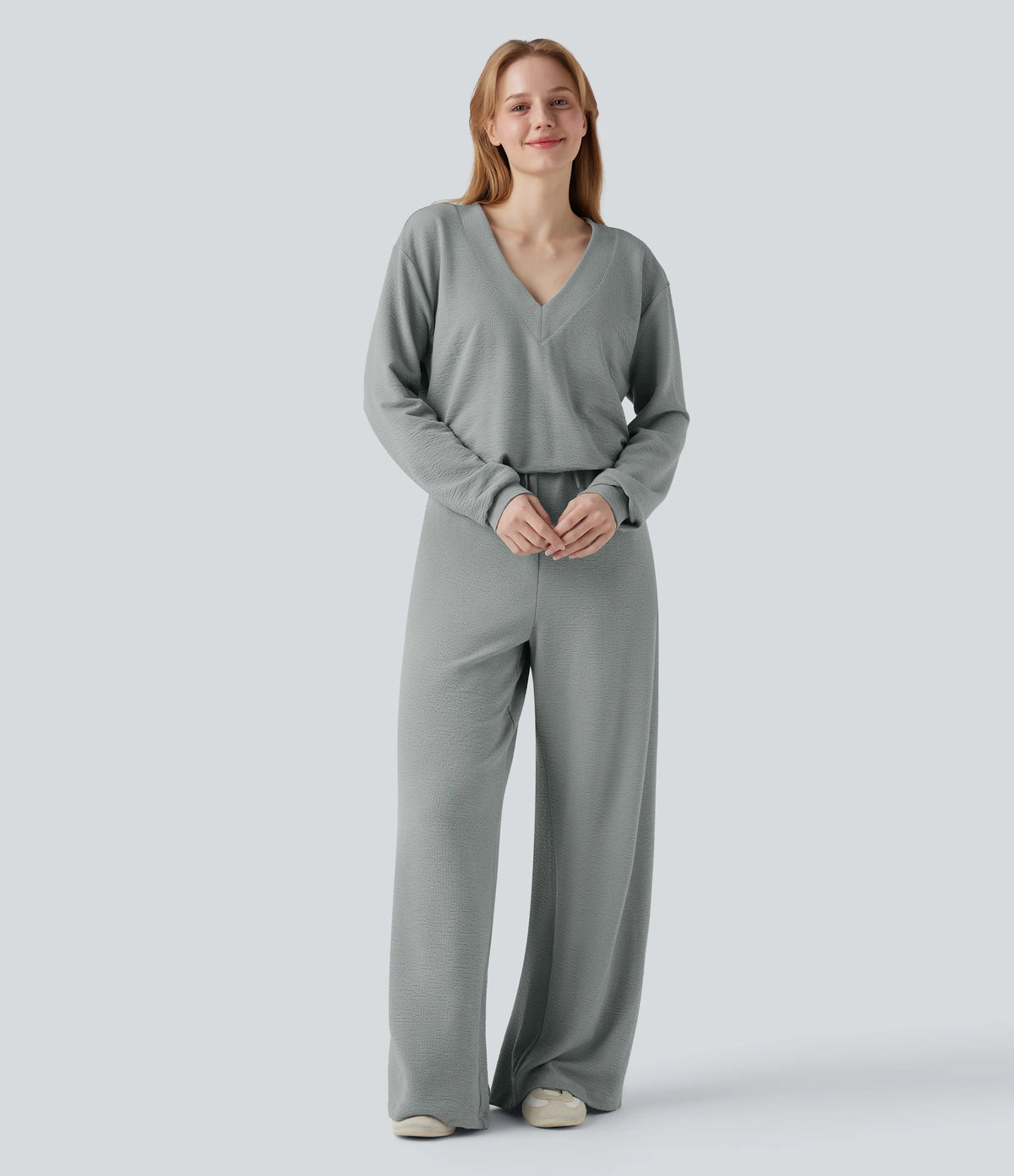 V-neck Long Sleeve Drawstring Casual Jumpsuit with Pockets-Easy Peezy