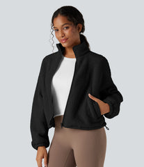High Neck Long Sleeve Zipper Fleece Workout Jacket with Pockets