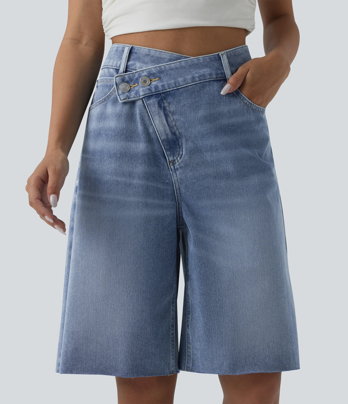 Halara Flex™ Asymmetric High Waisted Denim Casual Shorts with Pockets