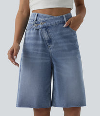 Halara Flex™ Asymmetric High Waisted Denim Casual Shorts with Pockets