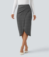 High Waisted 2-in-1 Tulip Hem Houndstooth Plaid Midi Work Skirt