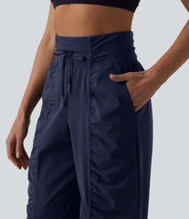 High Waisted Drawstring Ruched Quick Dry Running Straight Leg Baggy Pants with Pockets