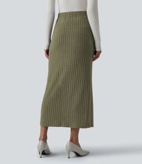 Ribbed Knit High Waisted Midi Work Skirt